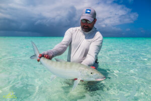 Fly fishing for trophy bonefish at St Brandon's Atoll.